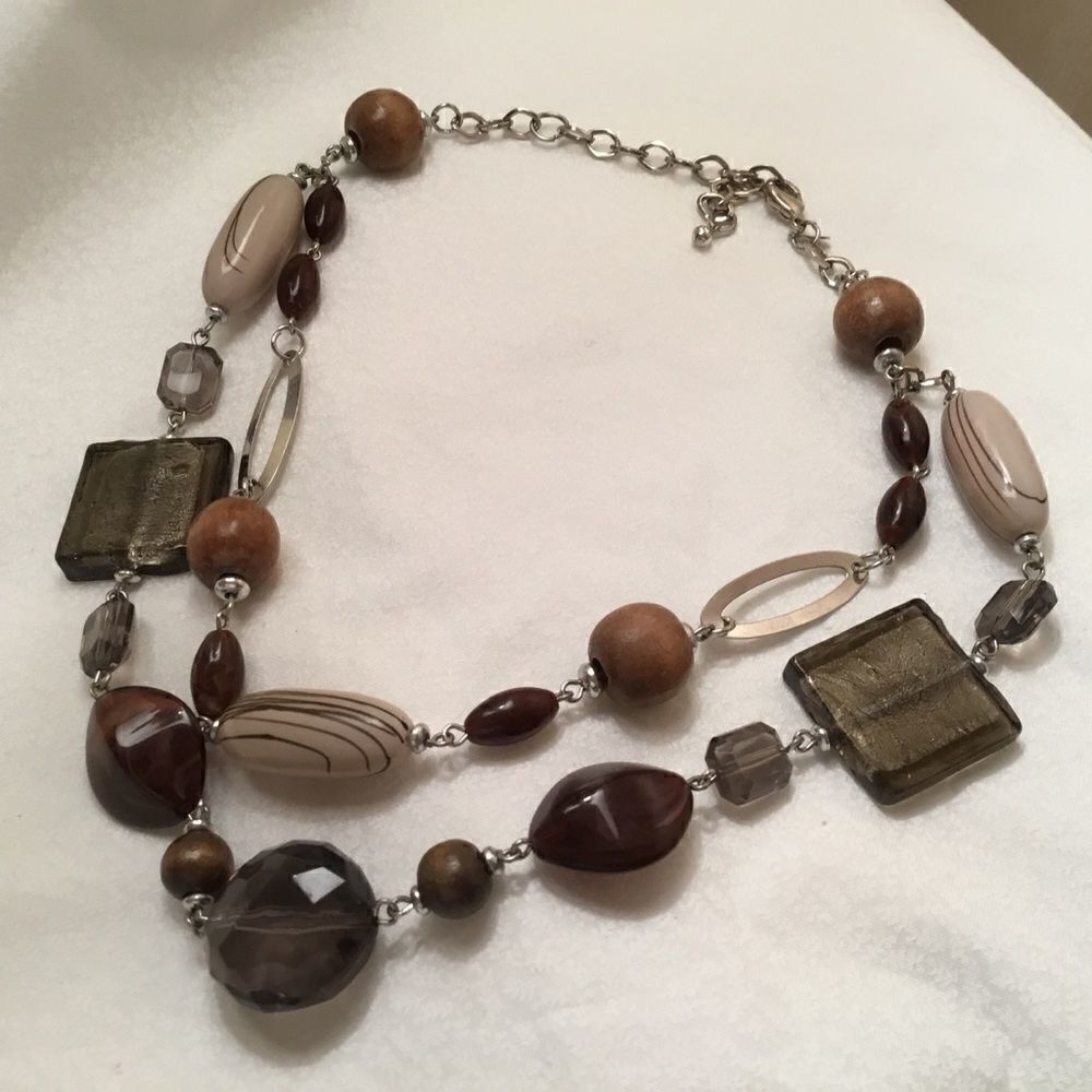 Browns and Cream Silvertone Two Strand Necklace